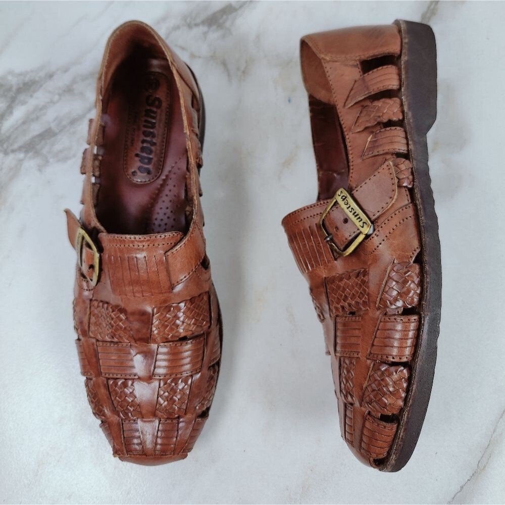 Sunsteps Men's Cognac Hand Woven Leather Slip On Loaders Sandals, Sz 10